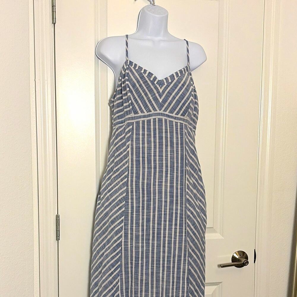 Athleta Blue White Striped V-Neck Sleeveless Maxi Dress Adjustable Straps 10
